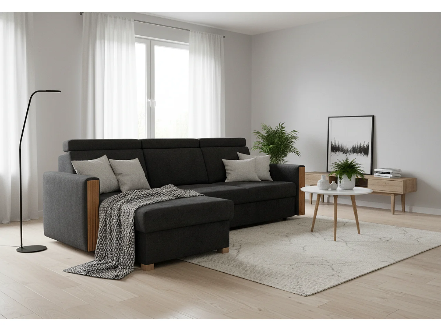 Canapé d’angle convertible gauche TANIA 261x160x103 cm en tissu GERRA 75 noir