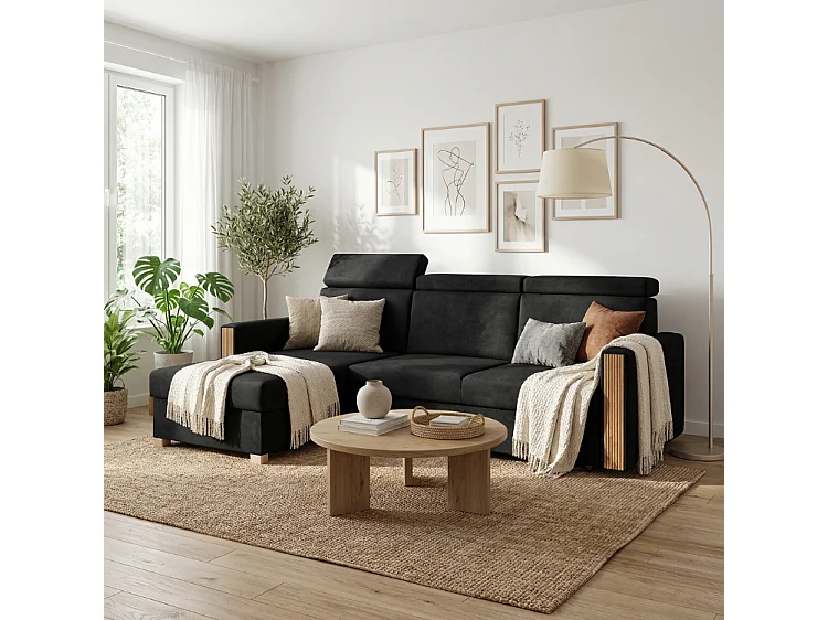 Canapé d’angle convertible gauche TANIA 261x160x103 cm en tissu GERRA 75 noir