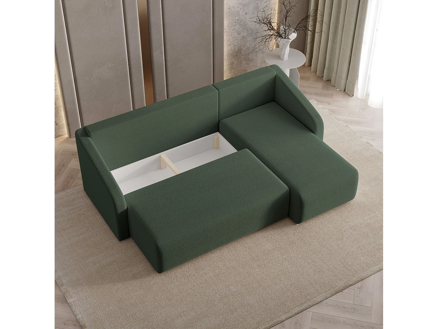 Hoekbank MARELLO van fluweel met slaapfunctie Grün