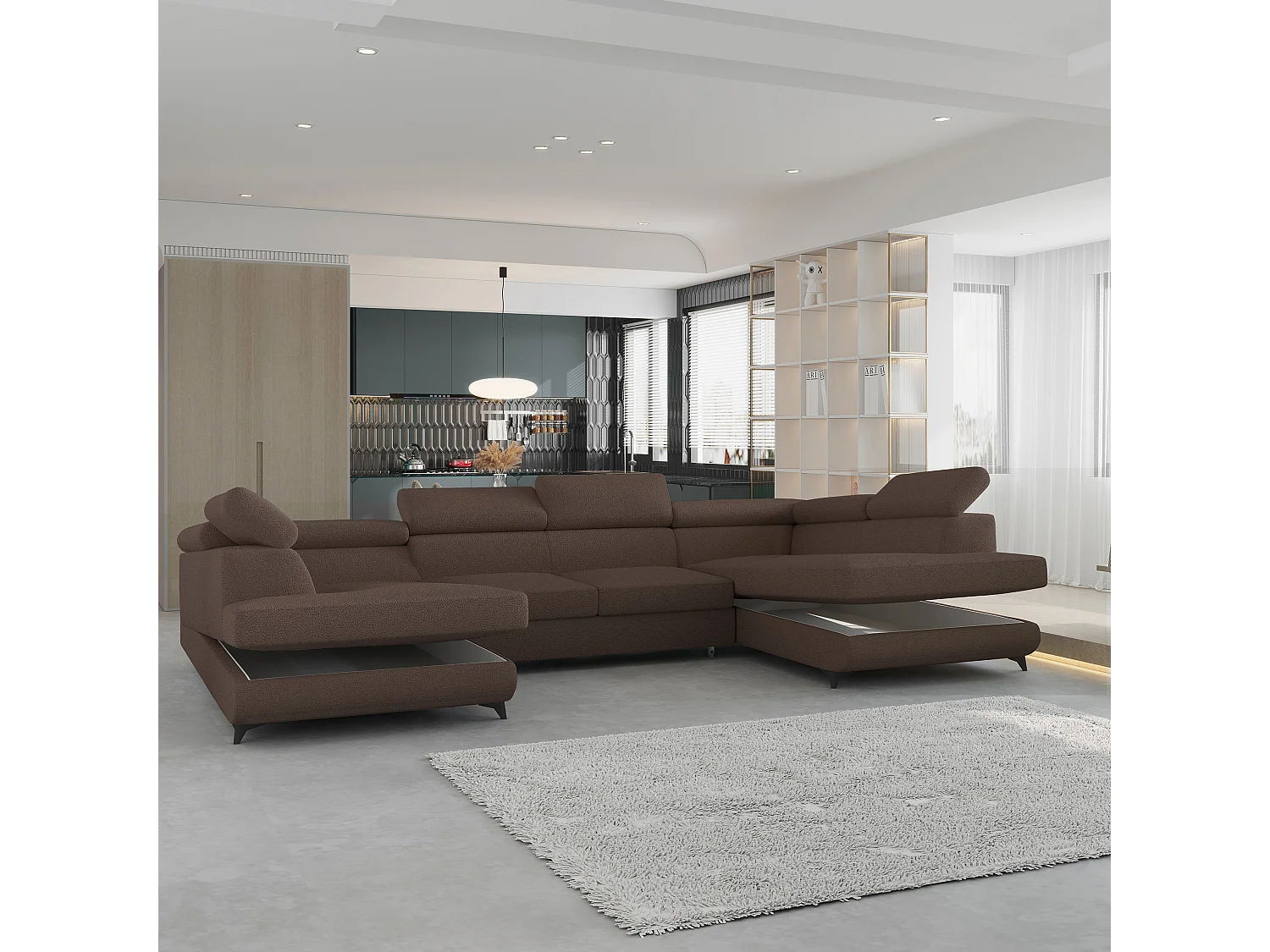 Canapé d'angle VINTESSA Marron en bouclé avec fonction de couchage