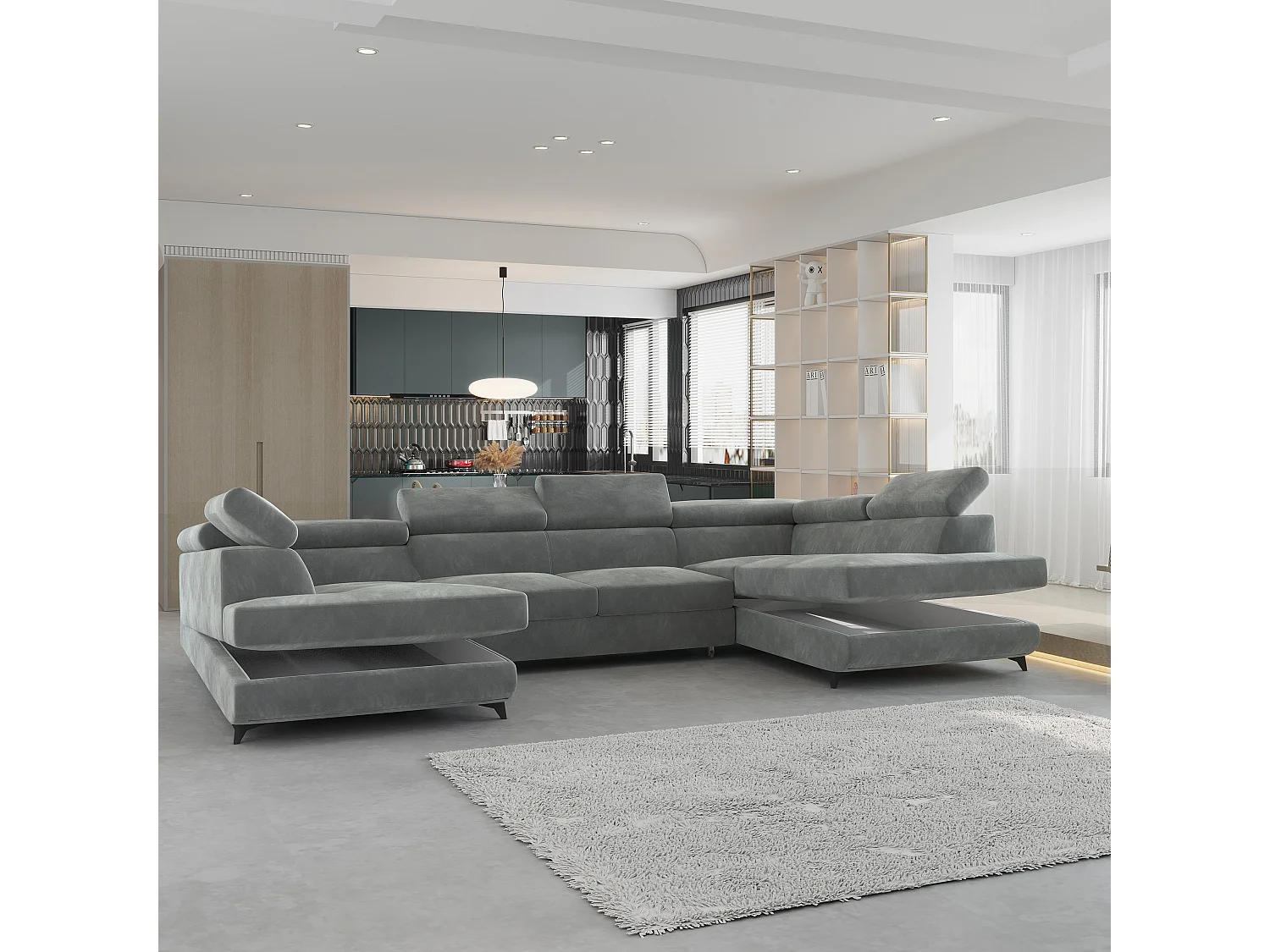 Canapé d'angle VINTESSA Gris en velours avec fonction de couchage