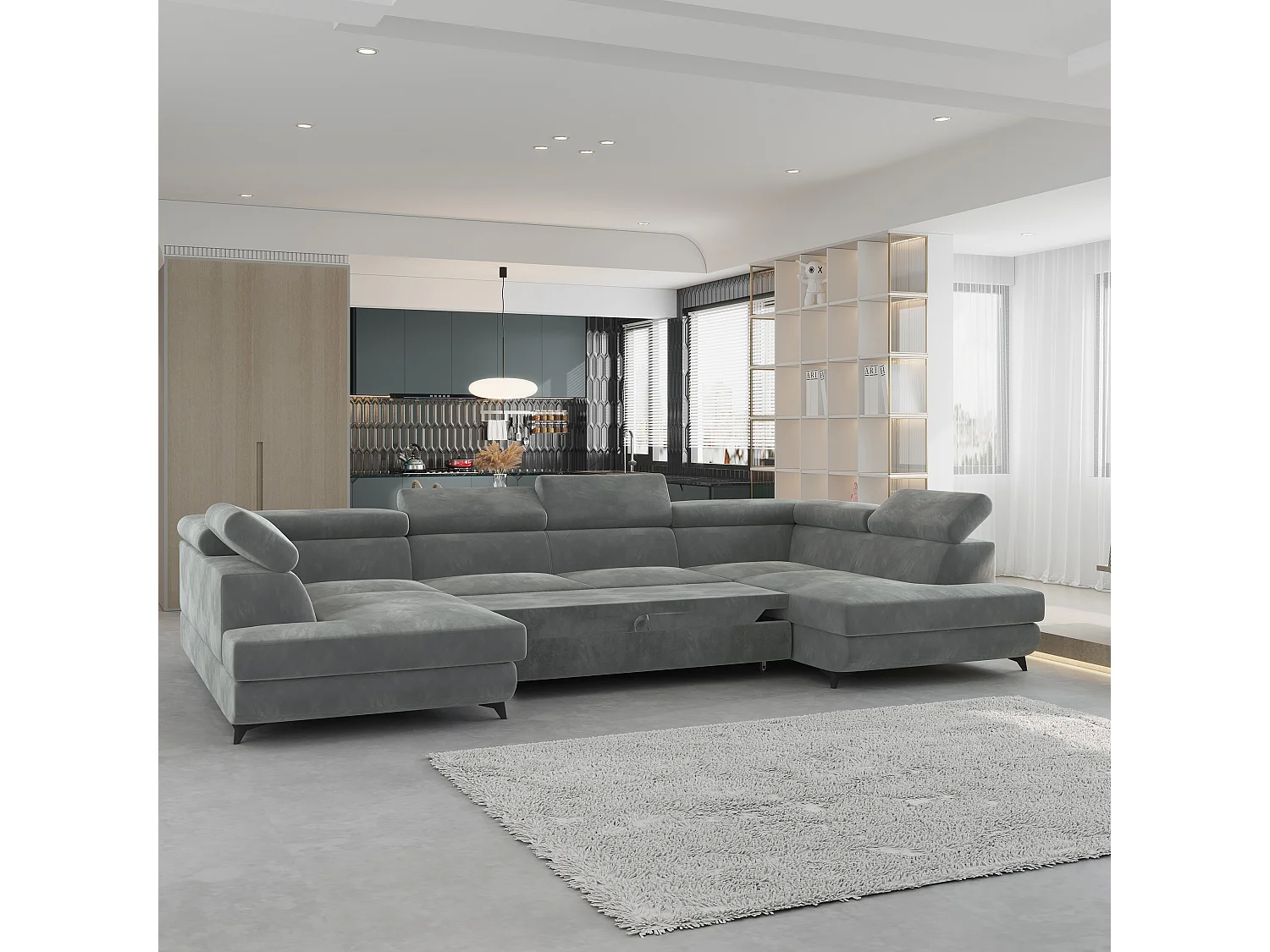 Canapé d'angle VINTESSA Gris en velours avec fonction de couchage