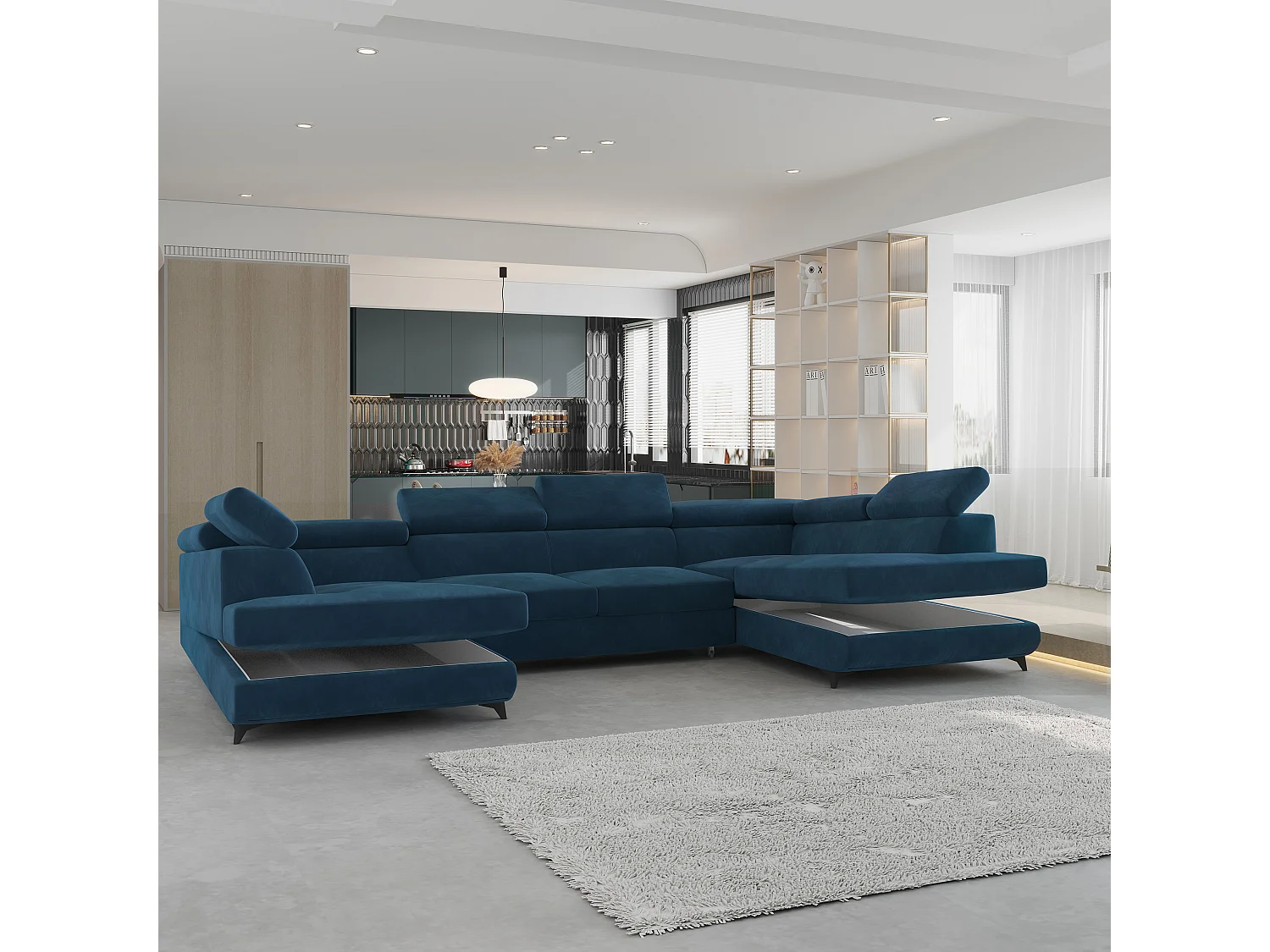 Canapé d'angle VINTESSA Bleu en velours avec fonction de couchage