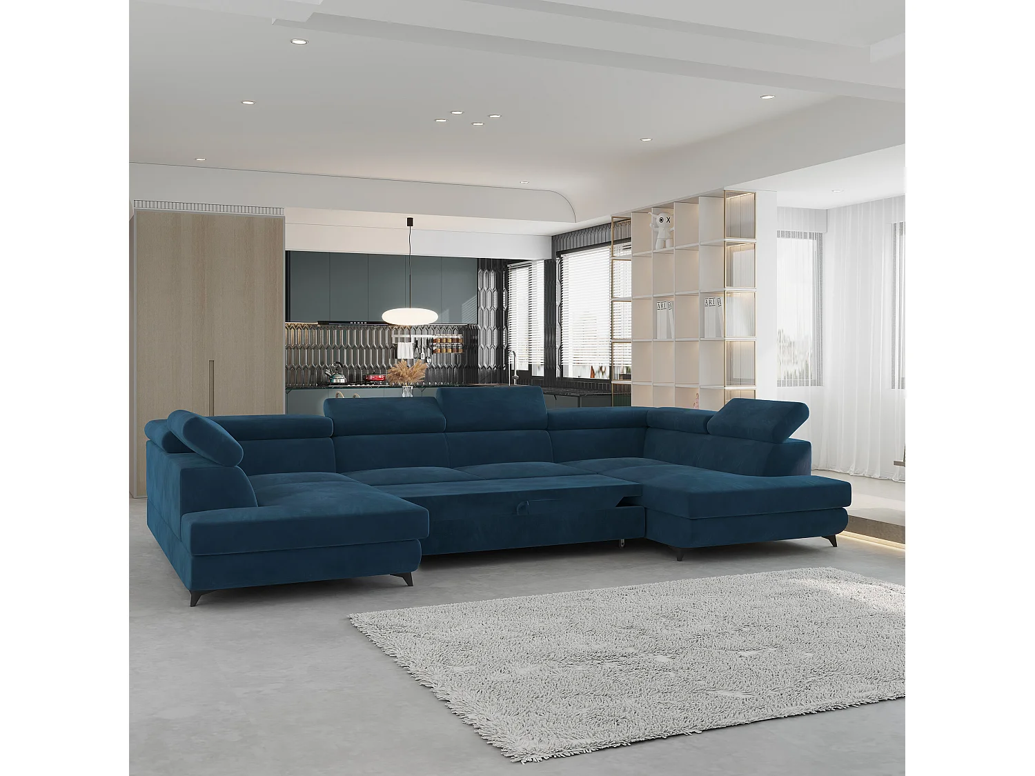 Canapé d'angle VINTESSA Bleu en velours avec fonction de couchage