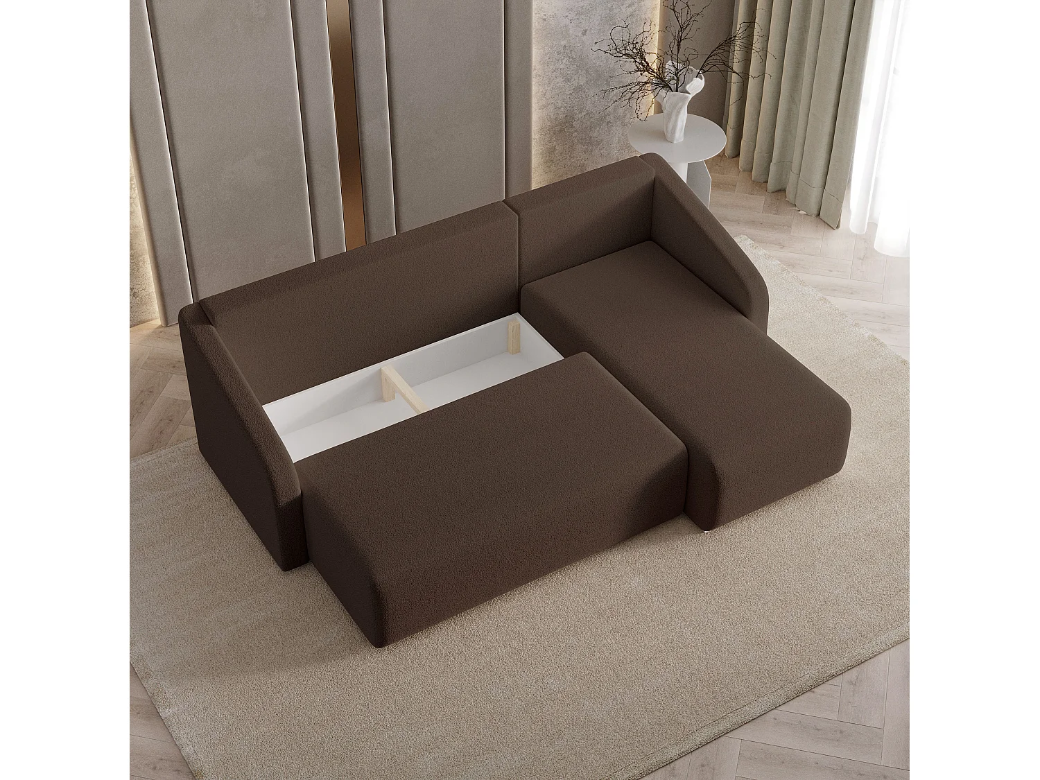 Hoekbank MARELLO van fluweel met slaapfunctie Braun