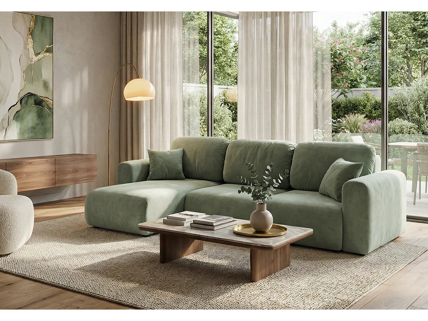 Canapé d’angle convertible élégant, version gauche, BINGO L, 245 × 148 × 87 cm, en tissu Kronos 47 vert