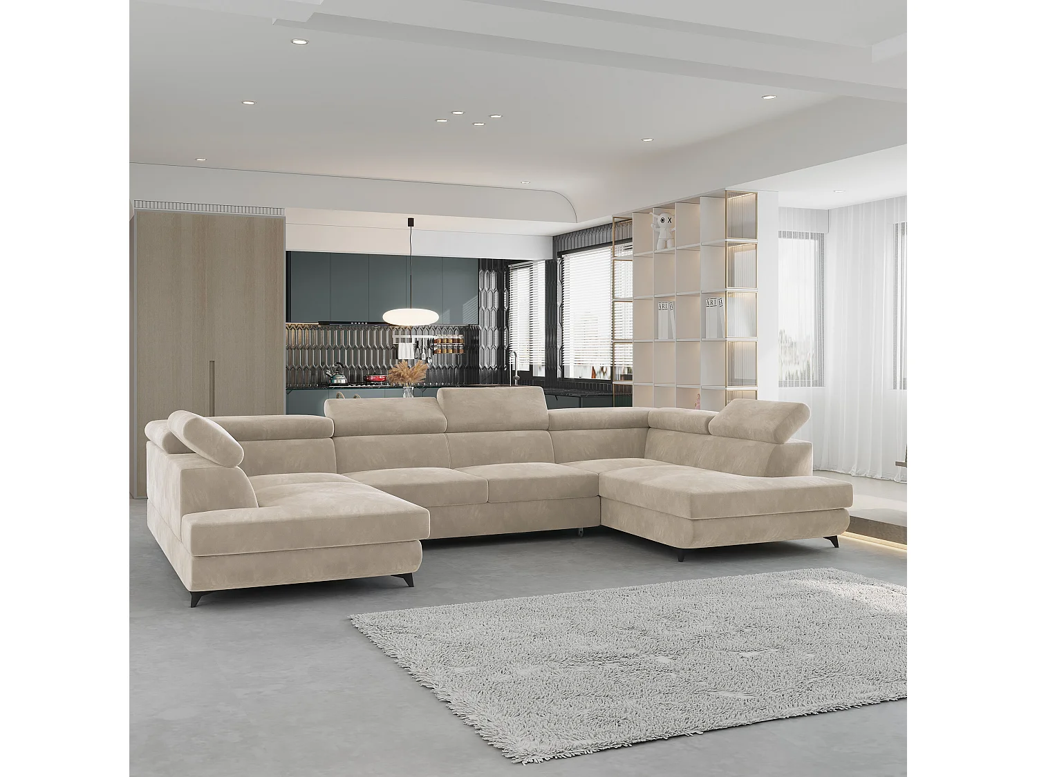 Hoekbank VINTESSA van fluweel met slaapfunctie Creme