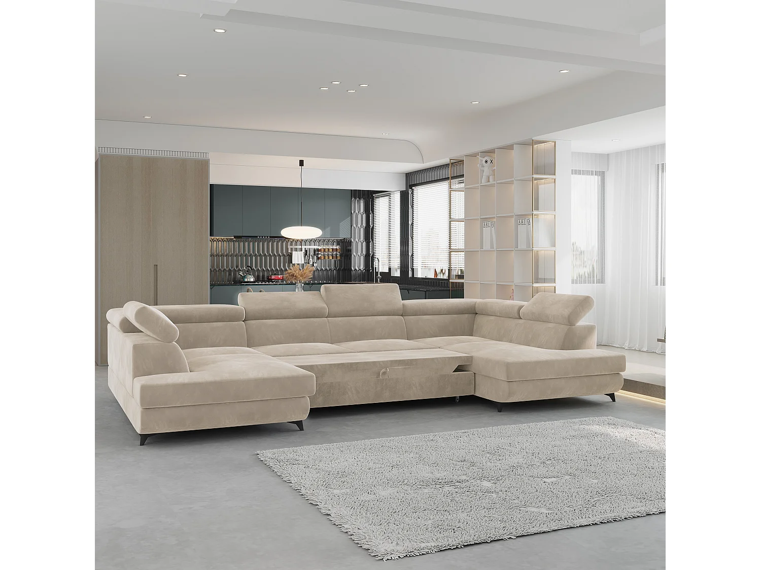 Hoekbank VINTESSA van fluweel met slaapfunctie Creme