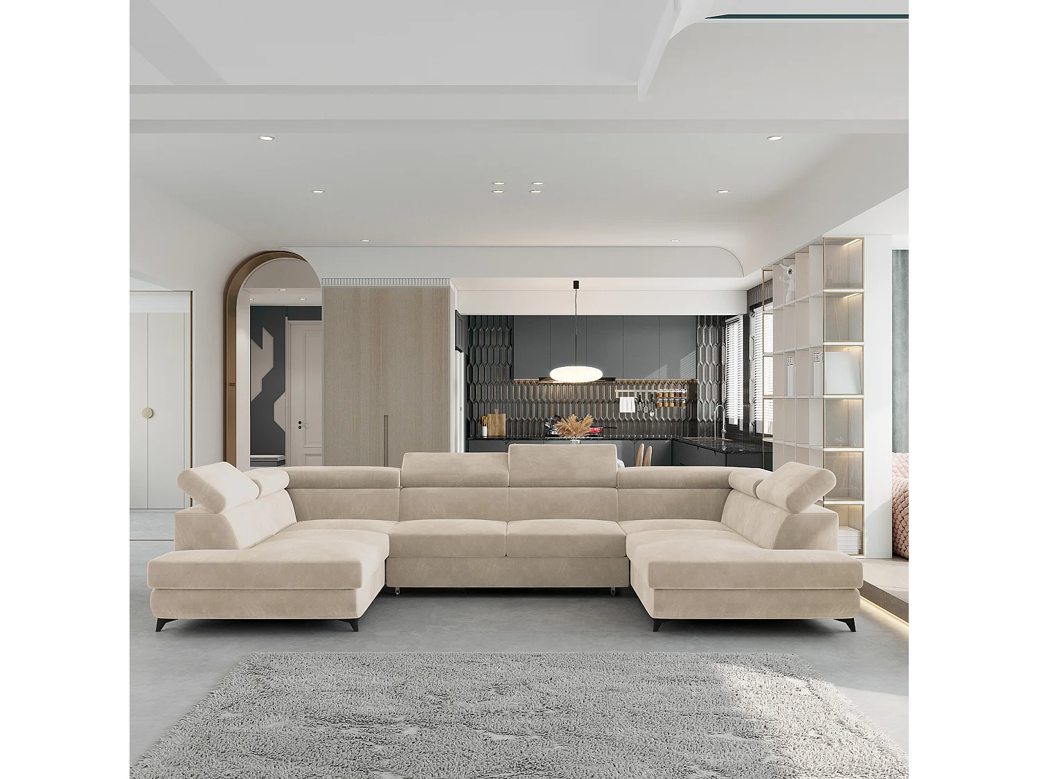 Canapé d'angle VINTESSA Crème en velours avec fonction de couchage