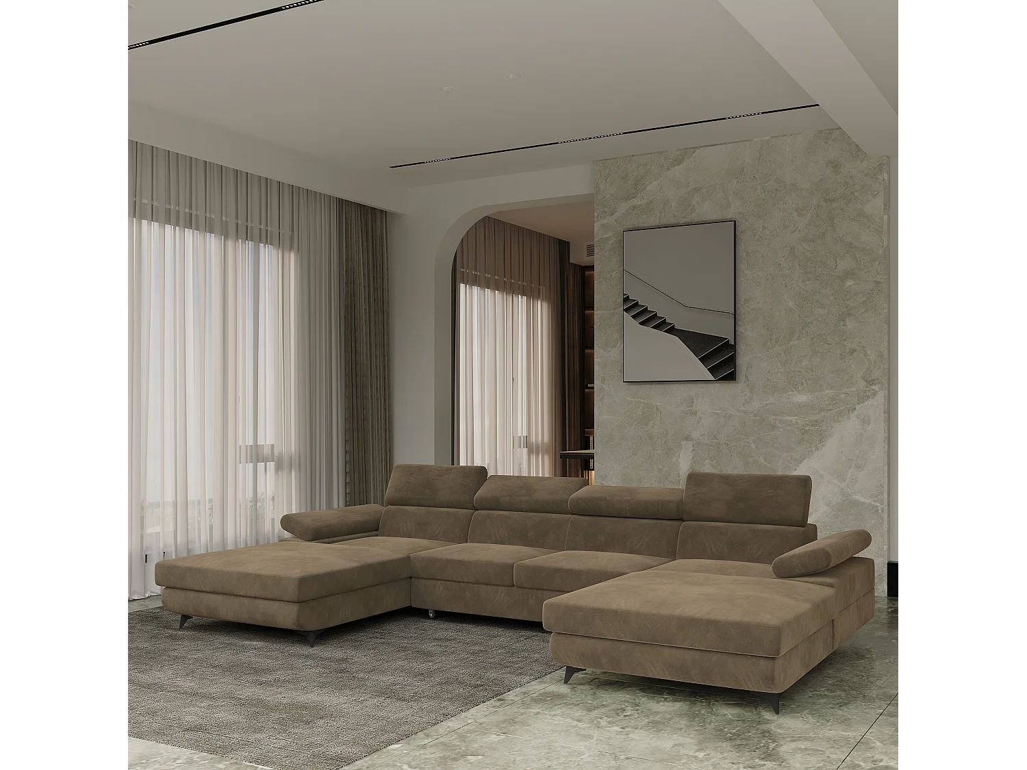 Canapé d'angle DETTI Beige en velours avec fonction de couchage