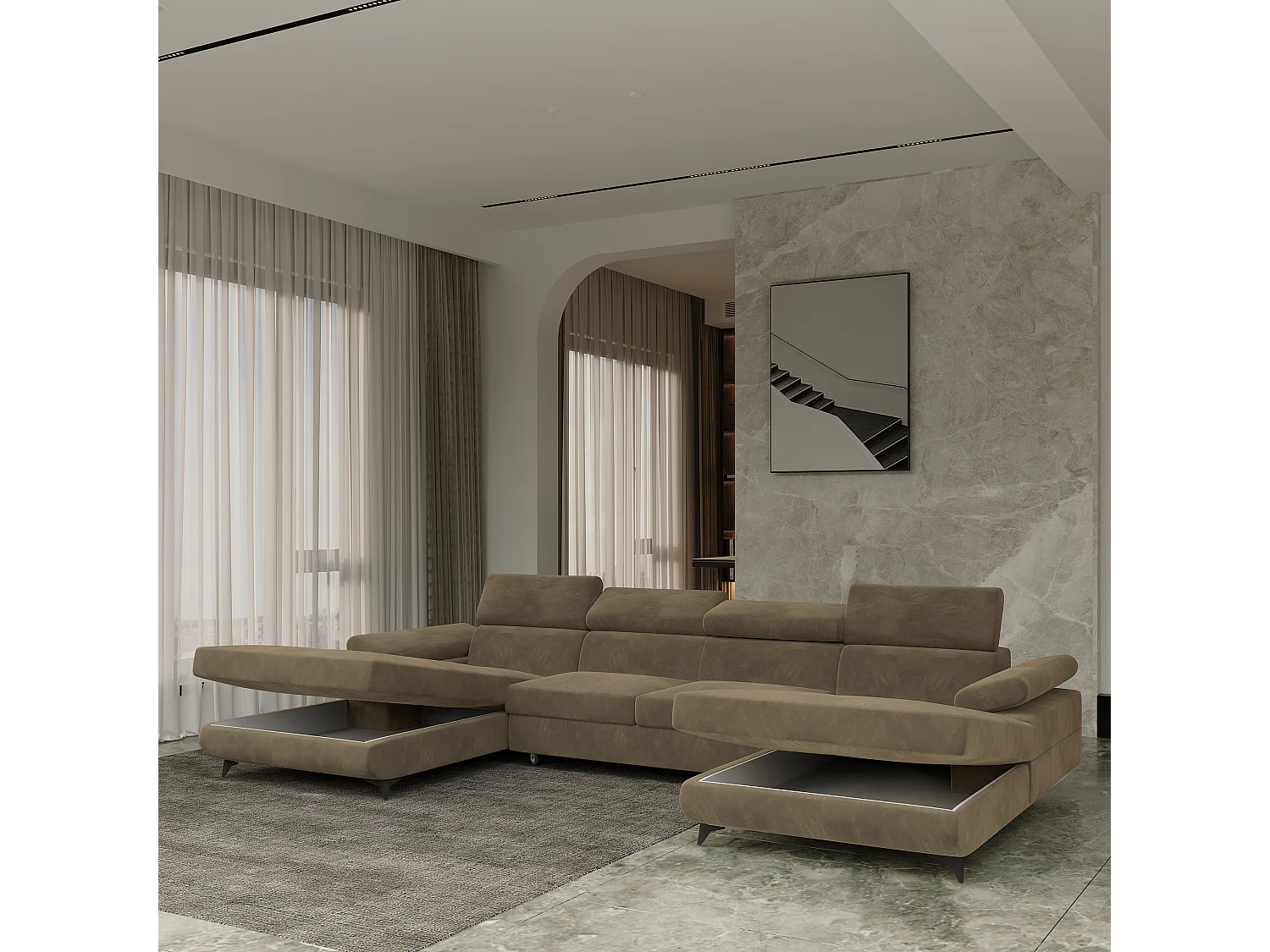 Canapé d'angle DETTI Beige en velours avec fonction de couchage