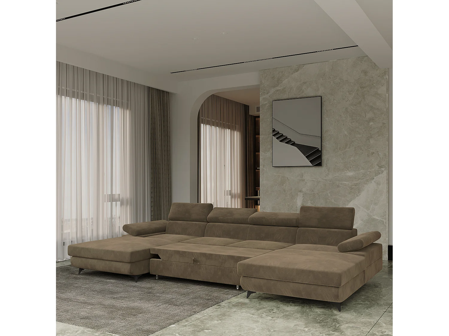 Canapé d'angle DETTI Beige en velours avec fonction de couchage
