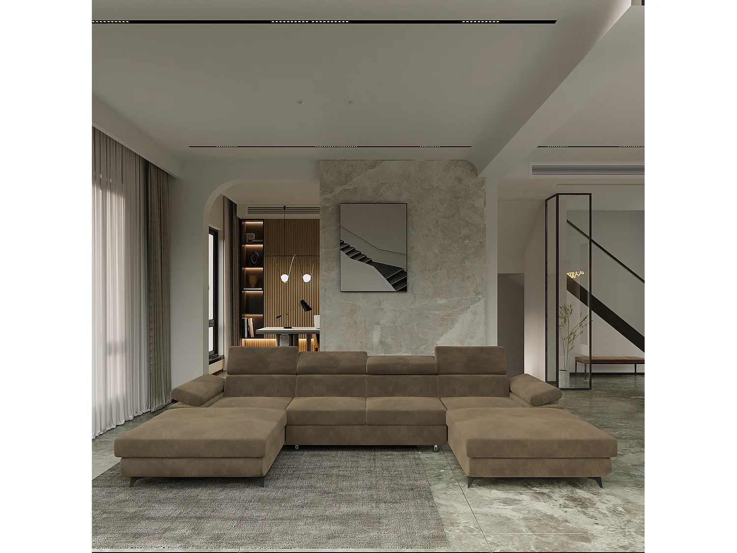 Canapé d'angle DETTI Beige en velours avec fonction de couchage