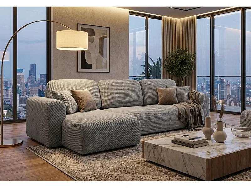 Canapé d’angle convertible élégant, version gauche, BINGO L, 245 × 148 × 87 cm, en tissu Pop 3 gris