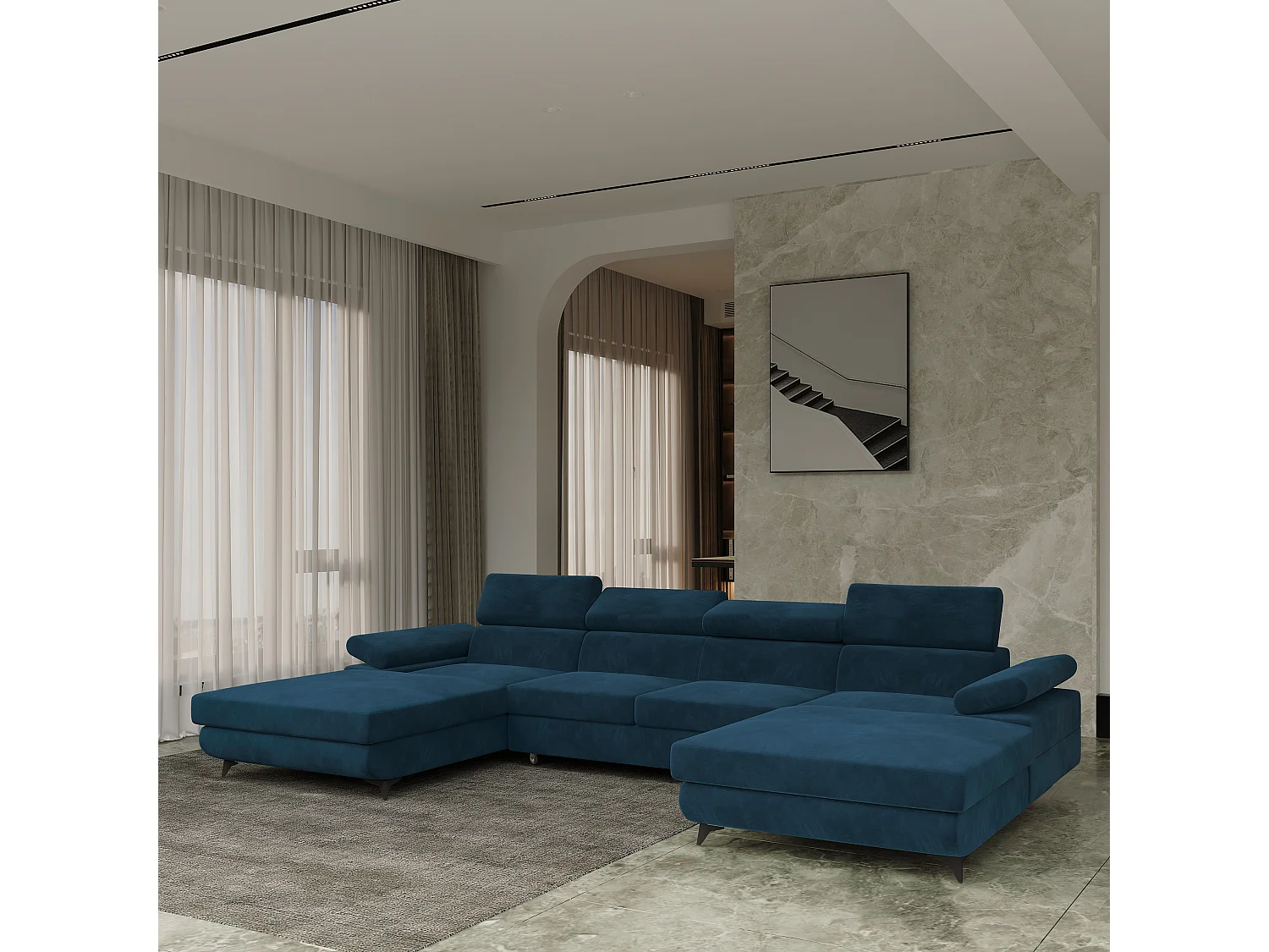 Canapé d'angle DETTI Bleu en velours avec fonction de couchage