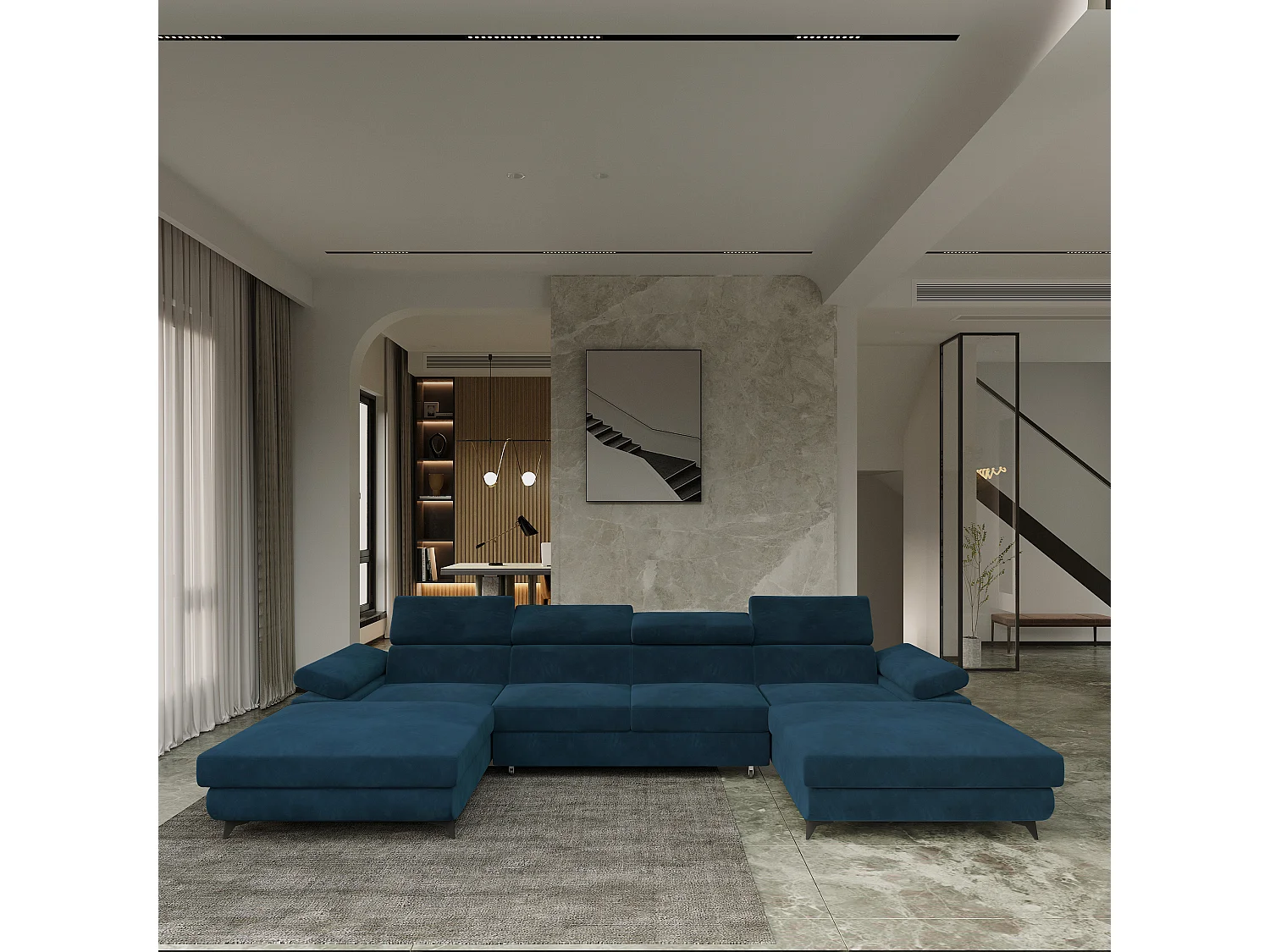 Canapé d'angle DETTI Bleu en velours avec fonction de couchage