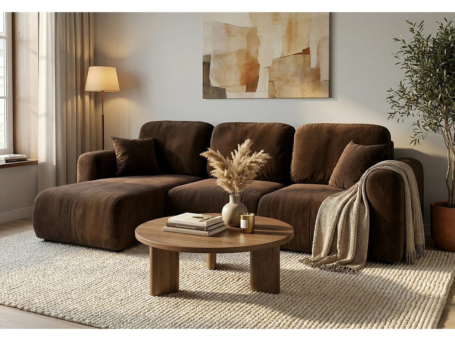 Canapé d’angle convertible élégant, version gauche, BINGO L, 245 × 148 × 87 cm, en tissu Kronos 6 marron