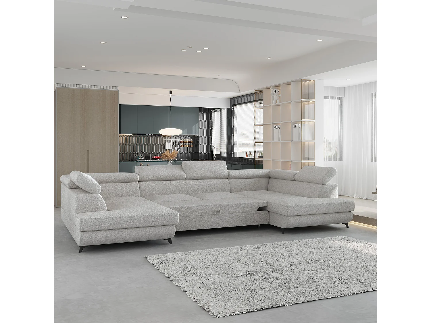 Hoekbank VINTESSA van fluweel met slaapfunctie Hellgrau