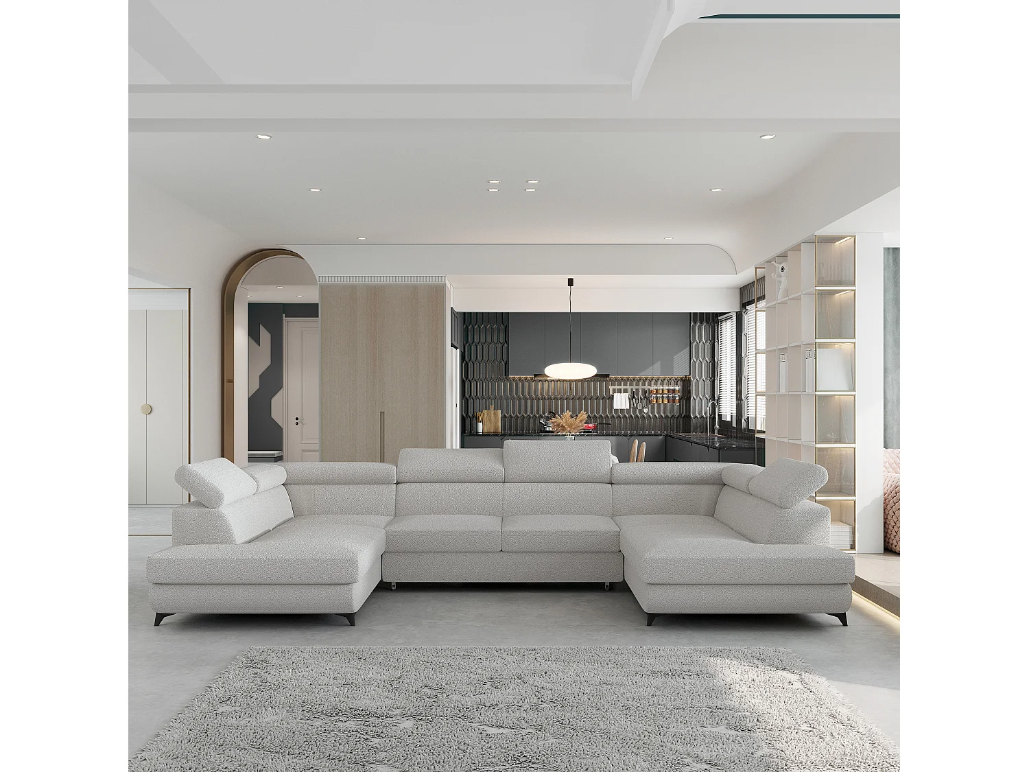 Canapé d'angle VINTESSA Gris clair en bouclé avec fonction de couchage