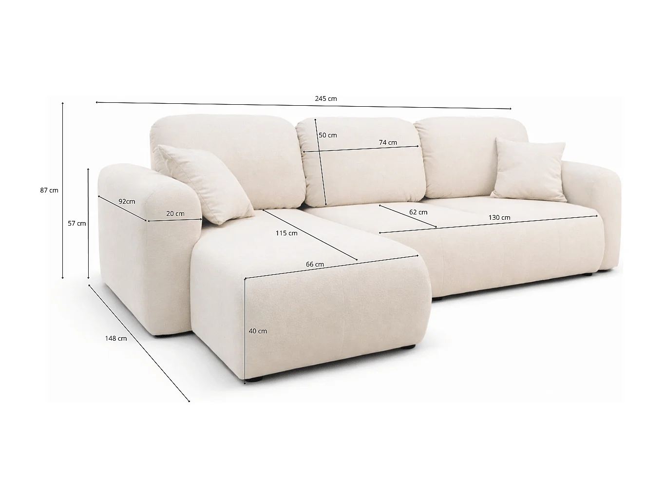 Canapé d’angle convertible élégant, version droite, BINGO L, 245 × 148 × 87 cm, en tissu Kronos 2 bordeaux