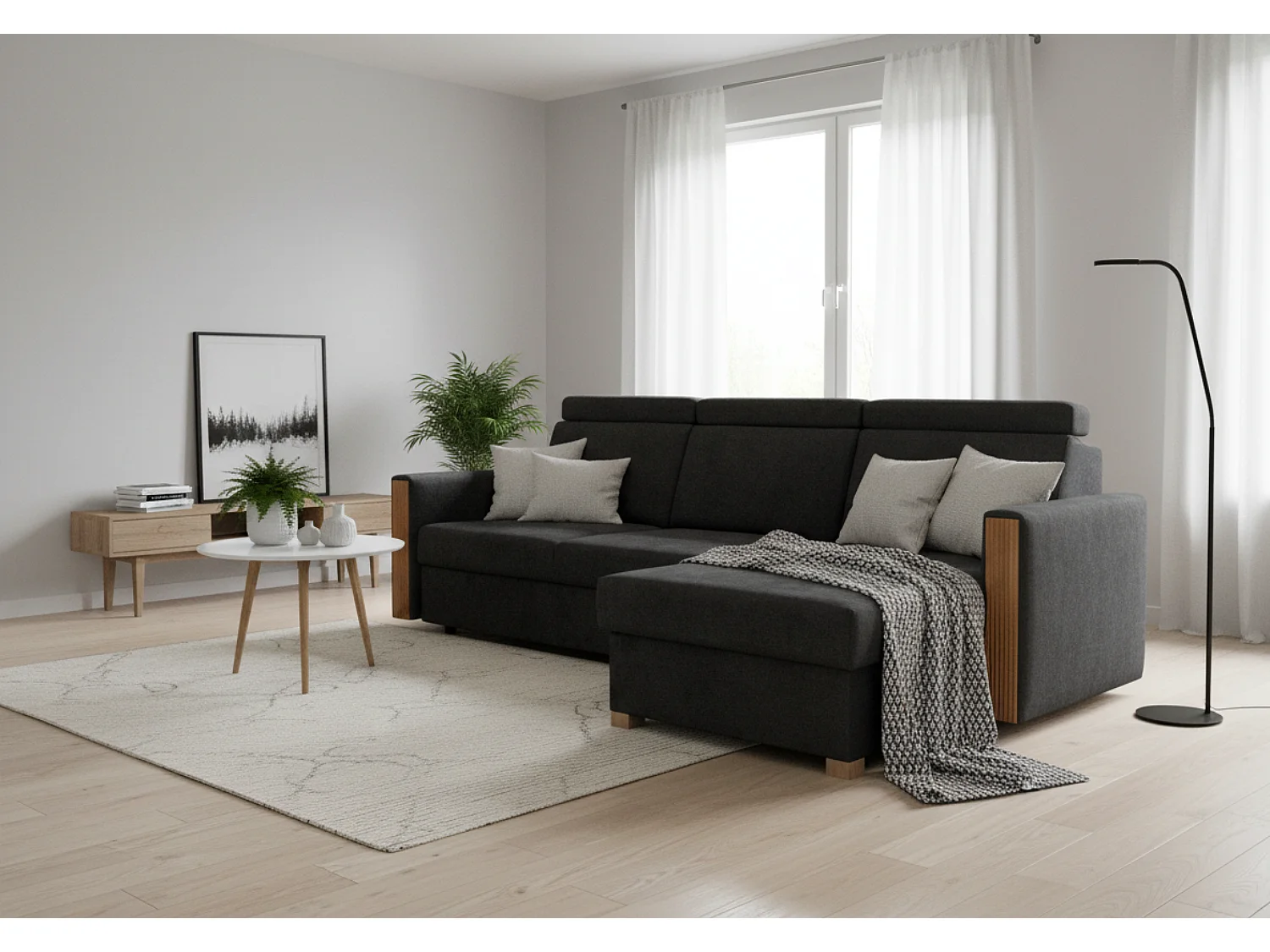 Canapé d’angle convertible droit TANIA 261x160x103 cm en tissu GERRA 75 noir