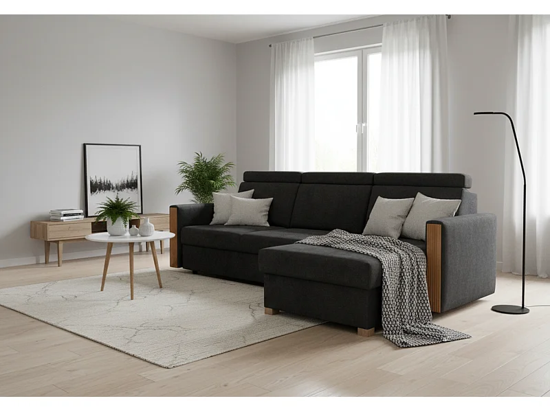 Canapé d’angle convertible droit TANIA 261x160x103 cm en tissu GERRA 75 noir