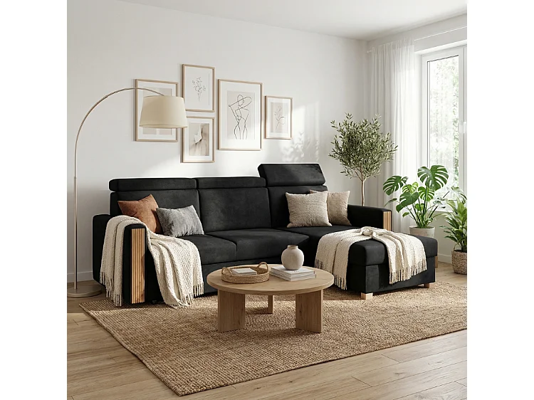 Stylowy narożnik rozkładany prawostronny TANIA 261x160x103 cm w tkaninie GERRA 75 czarnej