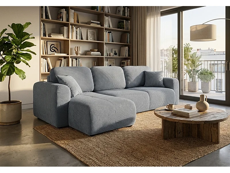 Canapé d’angle convertible élégant, version gauche, BINGO L, 245 × 148 × 87 cm, en tissu Pop 14 gris