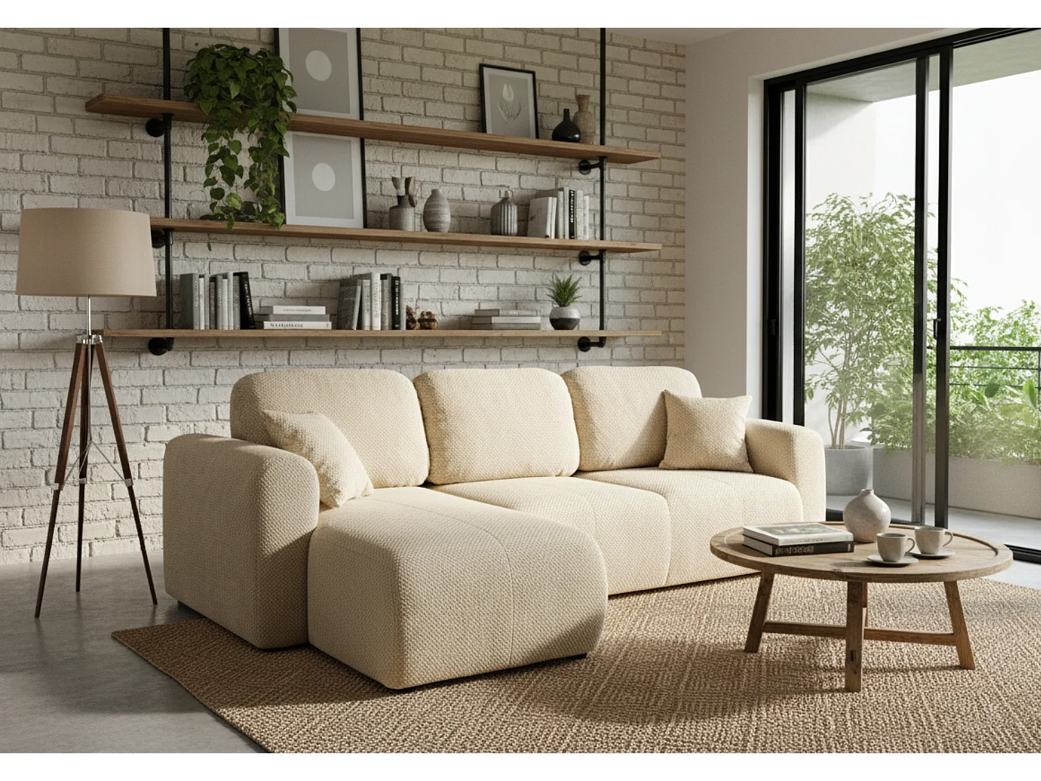 Canapé d’angle convertible élégant, version gauche, BINGO L, 245 × 148 × 87 cm, en tissu Pop 6 crème