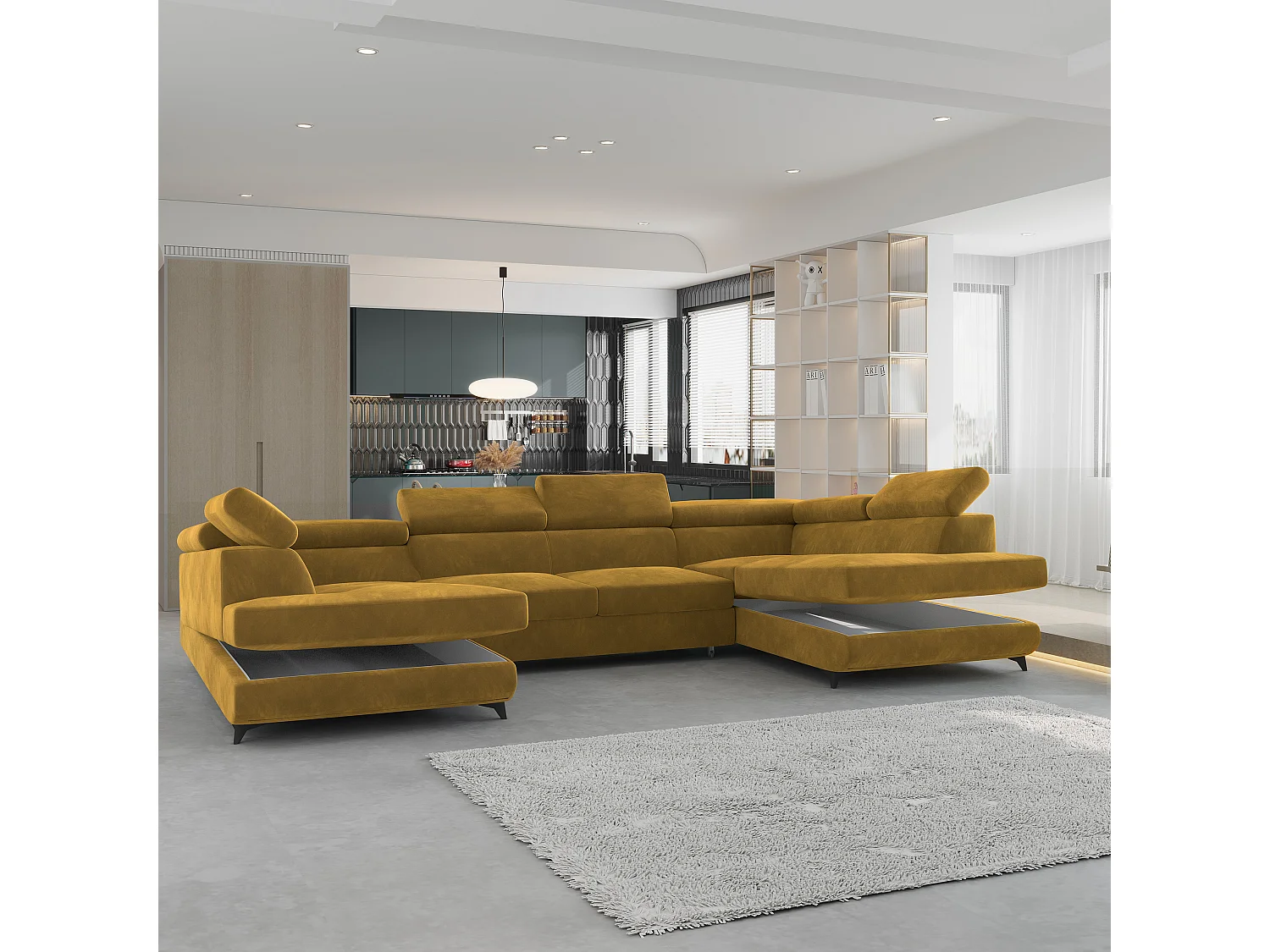 Canapé d'angle VINTESSA Jaune en velours avec fonction de couchage