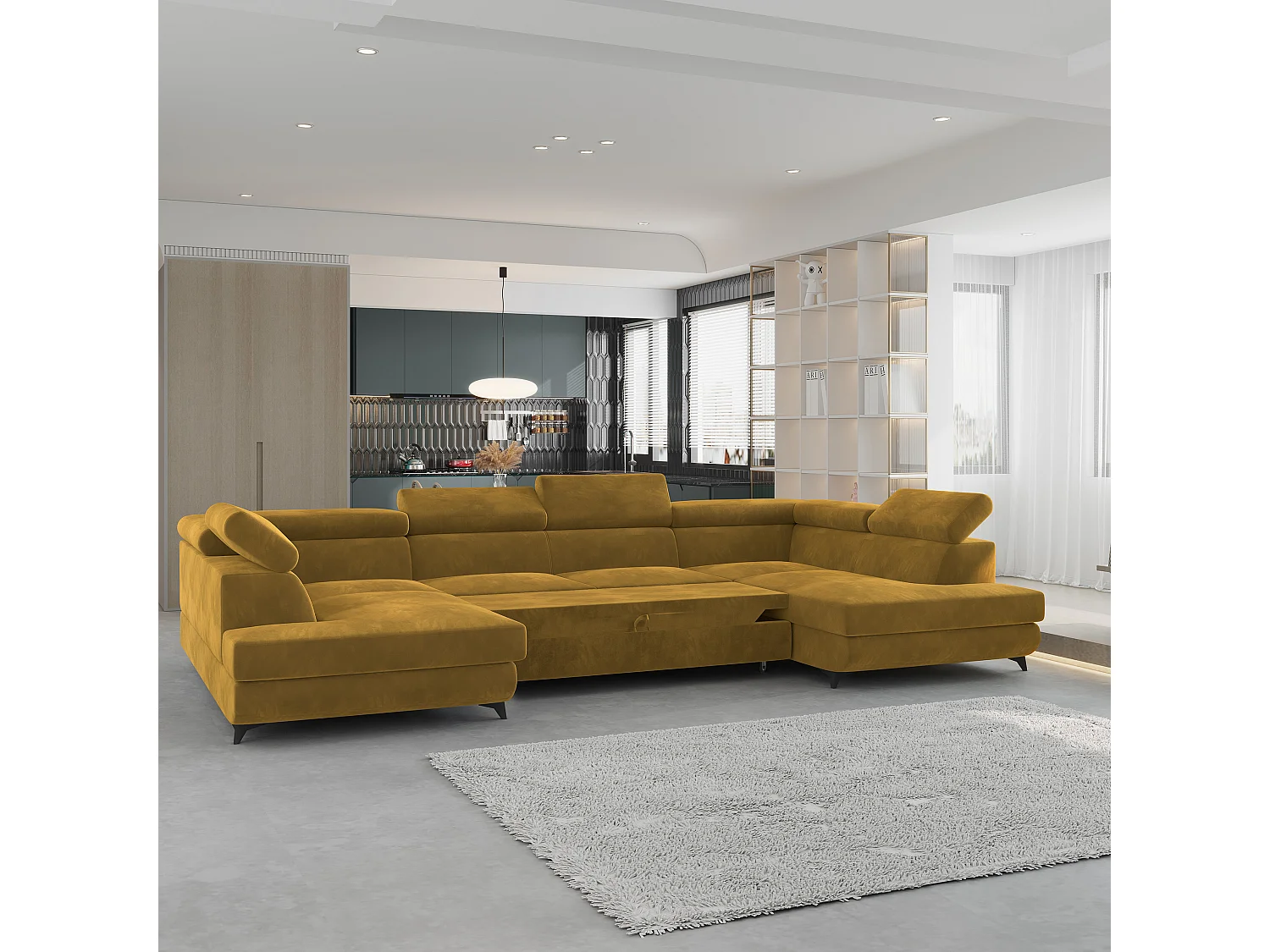 Canapé d'angle VINTESSA Jaune en velours avec fonction de couchage