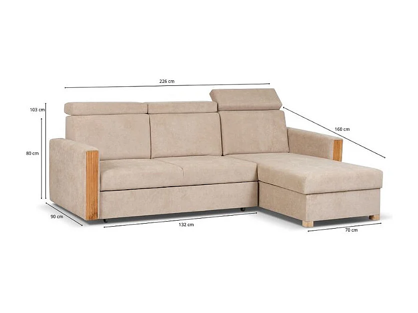 Stylowy narożnik rozkładany prawostronny TANIA 226x160x103 cm w tkaninie GERRA 80 beżowej