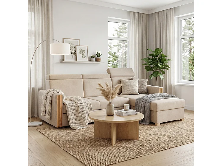 Canapé d’angle convertible droit TANIA 261x160x103 cm en tissu GERRA 80 beige