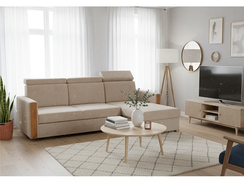 Canapé d’angle convertible droit TANIA 261x160x103 cm en tissu GERRA 80 beige