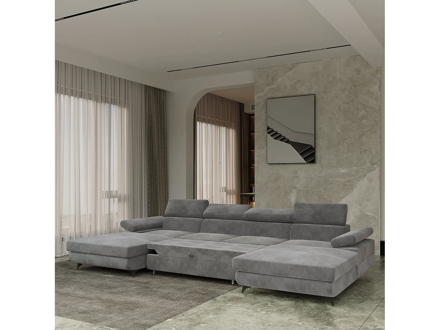 Hoekbank DETTI van fluweel met slaapfunctie Grau