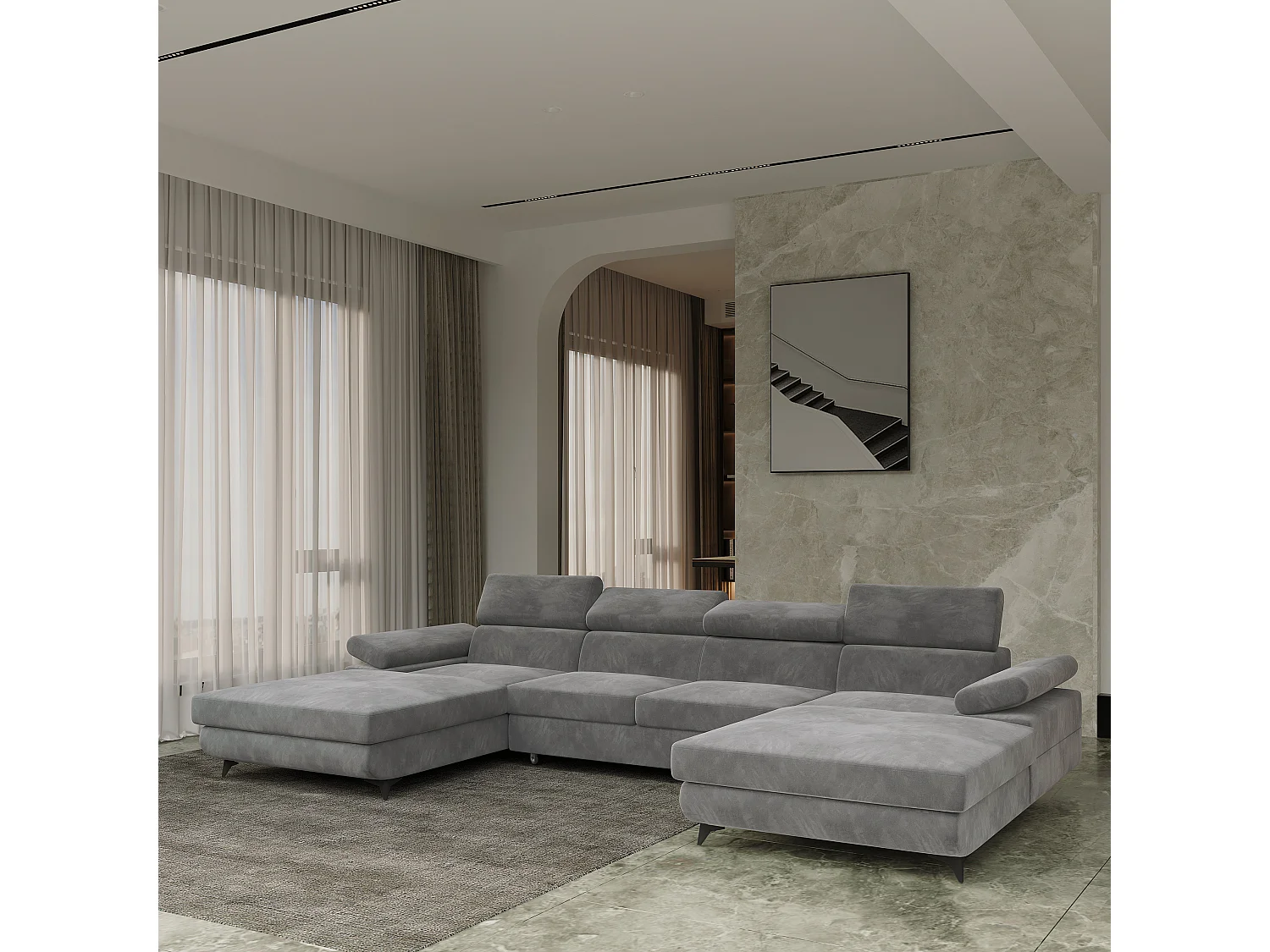 Canapé d'angle DETTI Gris en velours avec fonction de couchage