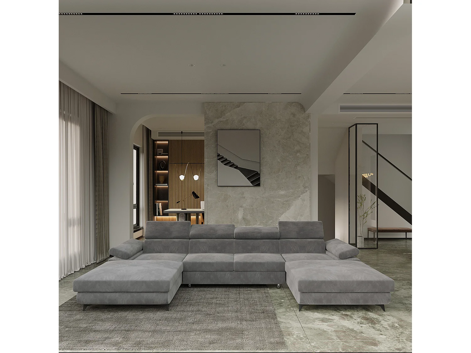 Canapé d'angle DETTI Gris en velours avec fonction de couchage