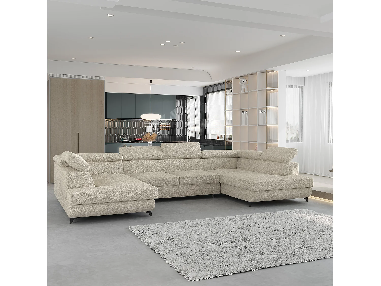 Hoekbank VINTESSA van fluweel met slaapfunctie Creme