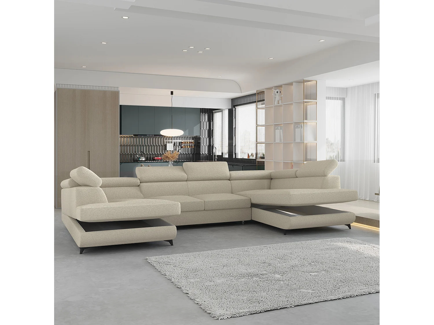 Canapé d'angle VINTESSA Crème en bouclé avec fonction de couchage