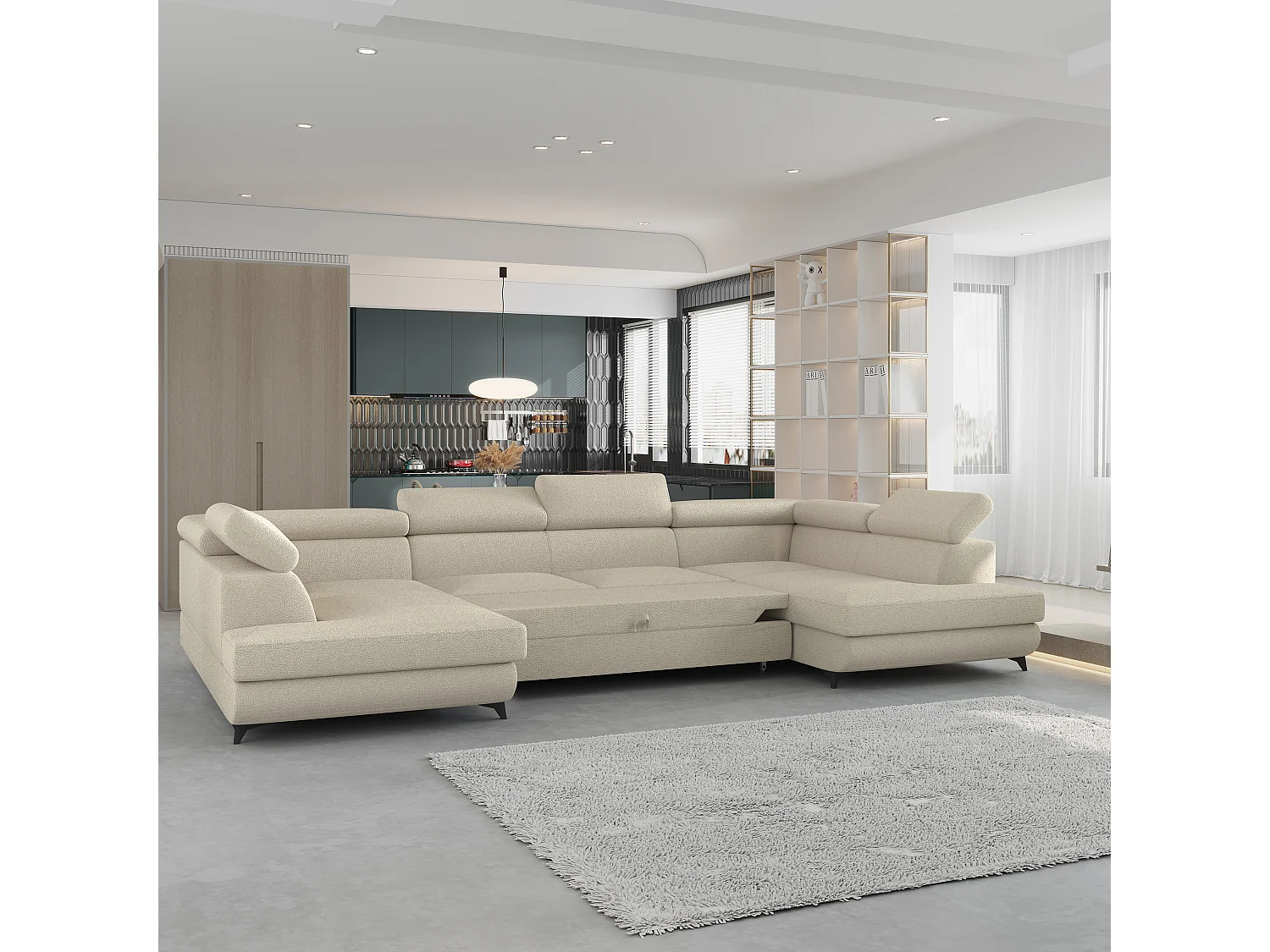 Canapé d'angle VINTESSA Crème en bouclé avec fonction de couchage