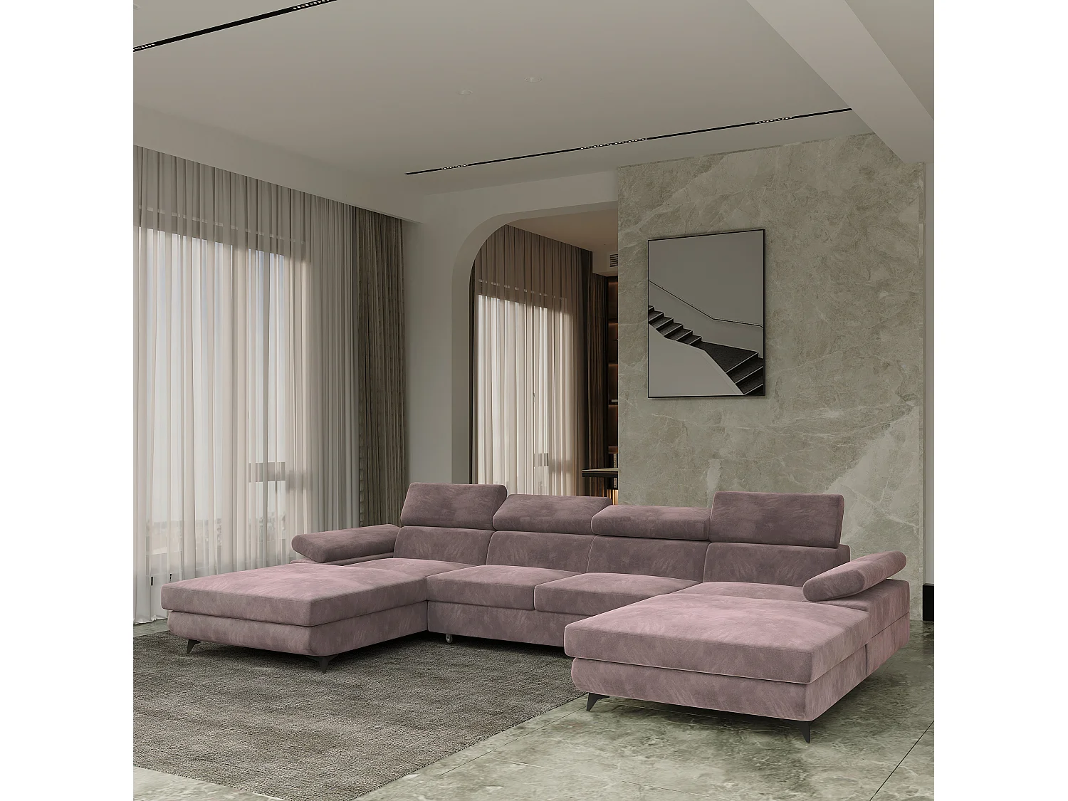 Hoekbank DETTI van fluweel met slaapfunctie Lila