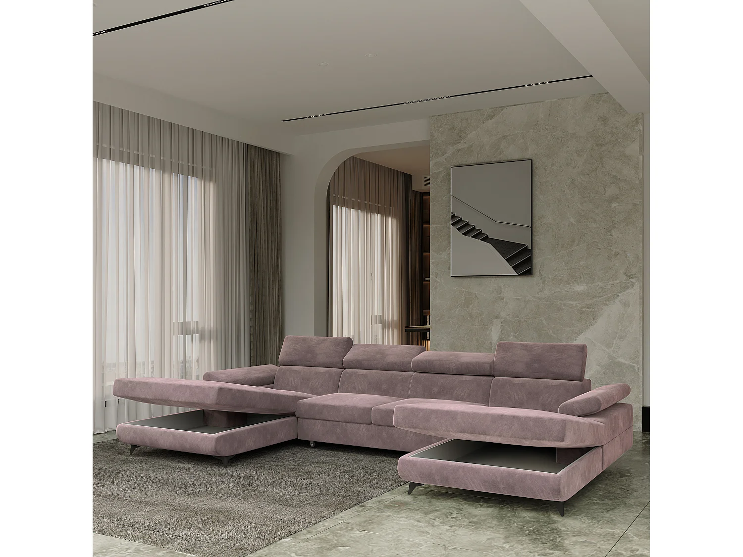 Canapé d'angle DETTI Violet en velours avec fonction de couchage