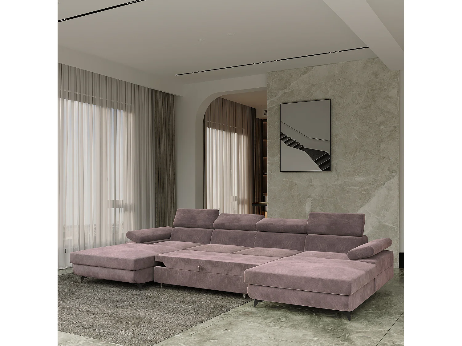 Canapé d'angle DETTI Violet en velours avec fonction de couchage