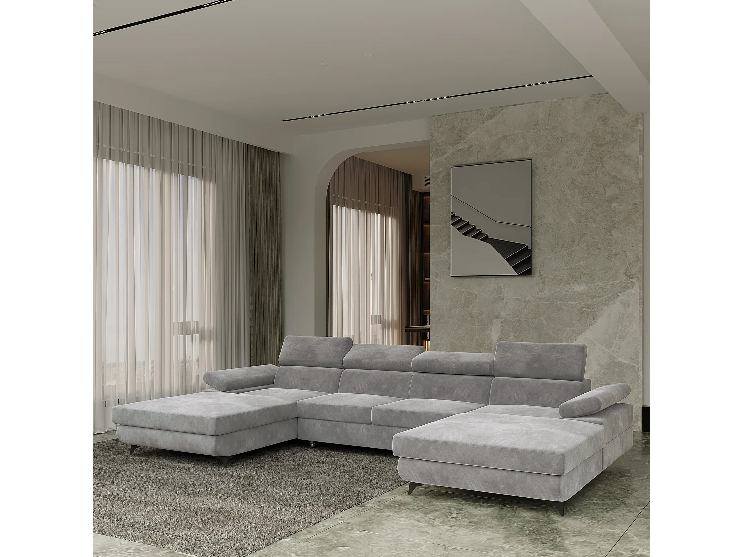 Canapé d'angle DETTI Gris clair en velours avec fonction de couchage