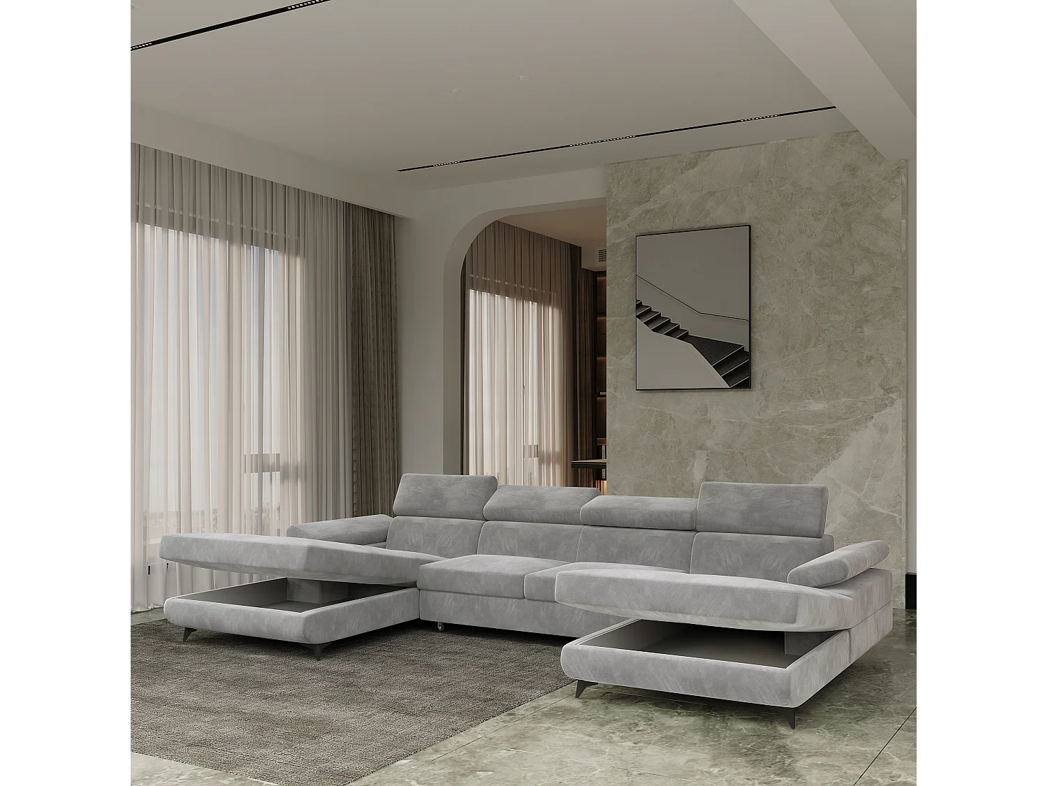 Canapé d'angle DETTI Gris clair en velours avec fonction de couchage