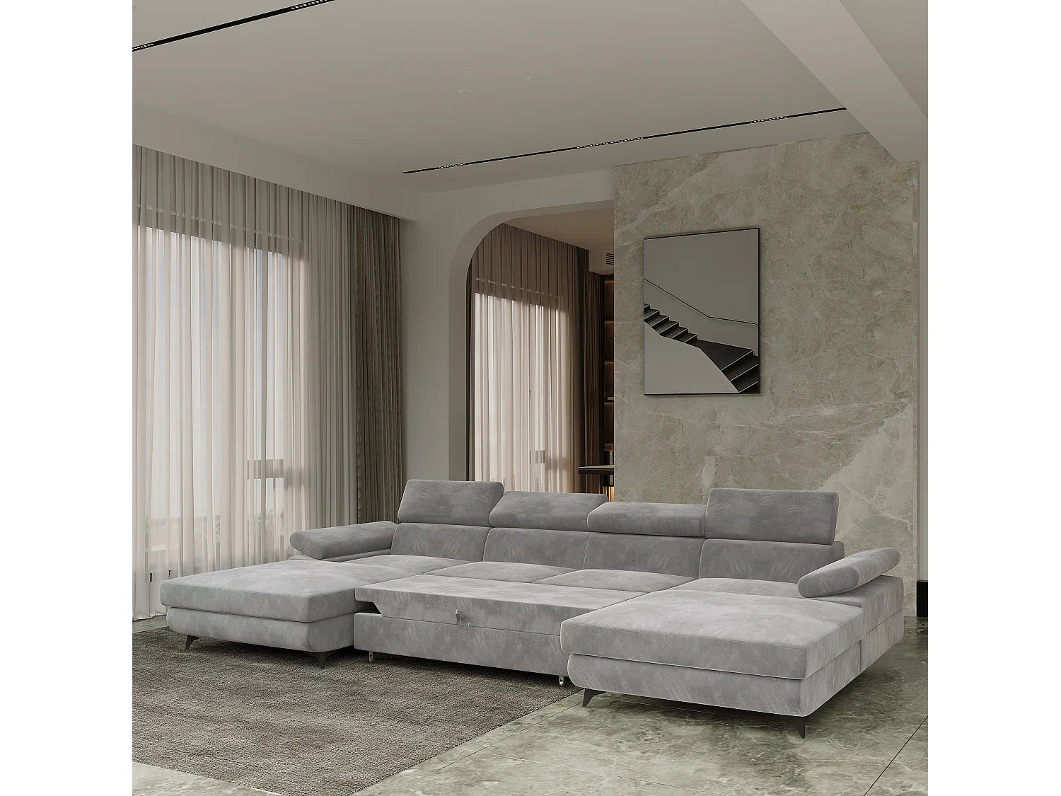 Canapé d'angle DETTI Gris clair en velours avec fonction de couchage
