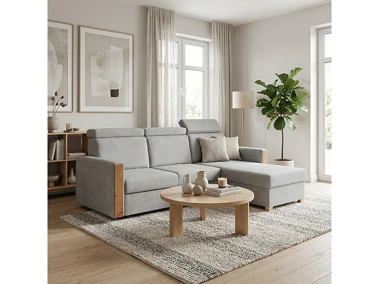 Stilvolles ausziehbares Ecksofa rechts TANIA 261x160x103 cm im Stoff GERRA 65 grau
