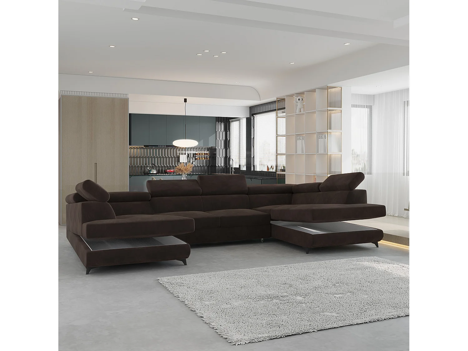 Canapé d'angle VINTESSA Marron en velours avec fonction de couchage
