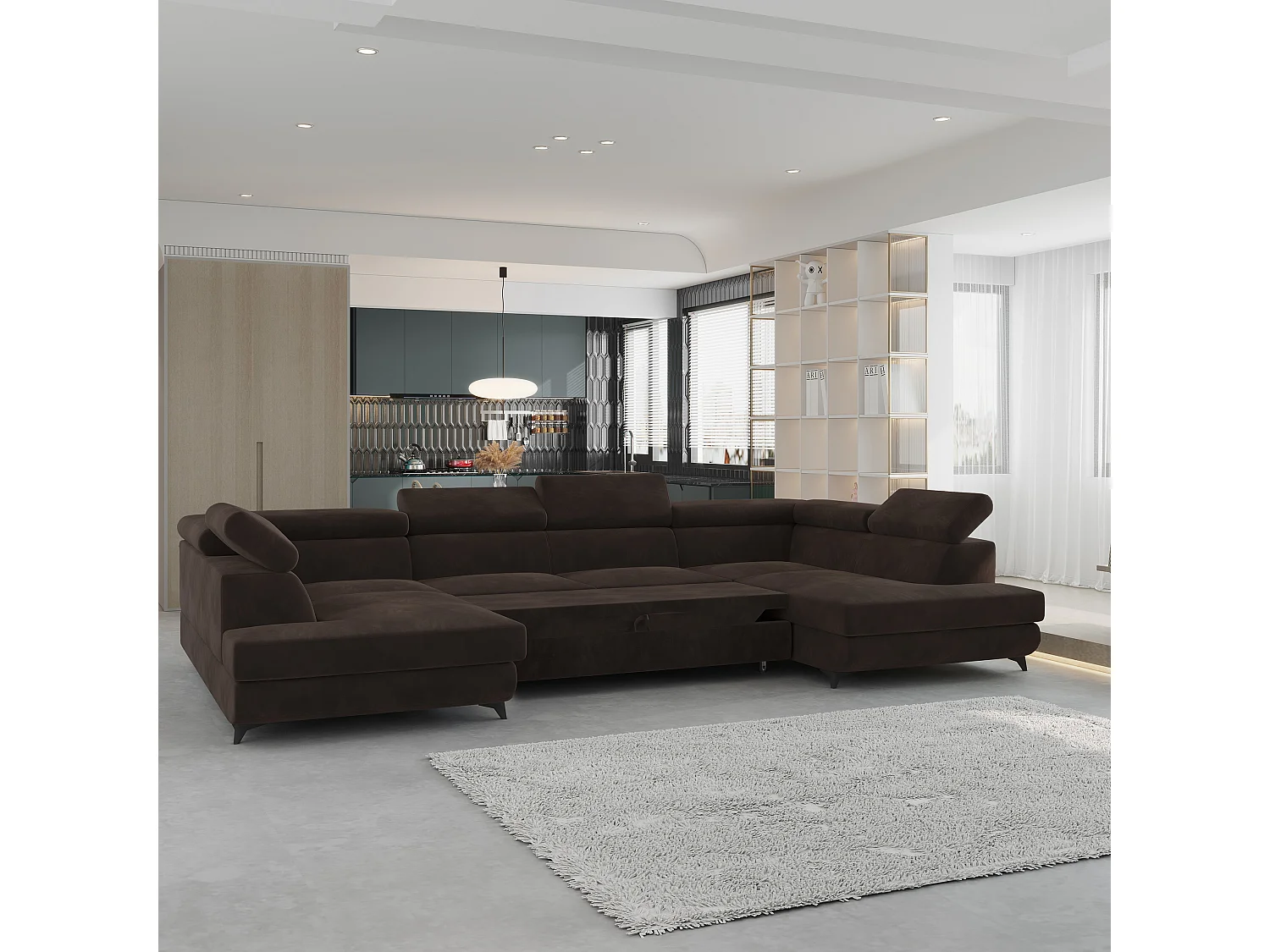 Canapé d'angle VINTESSA Marron en velours avec fonction de couchage