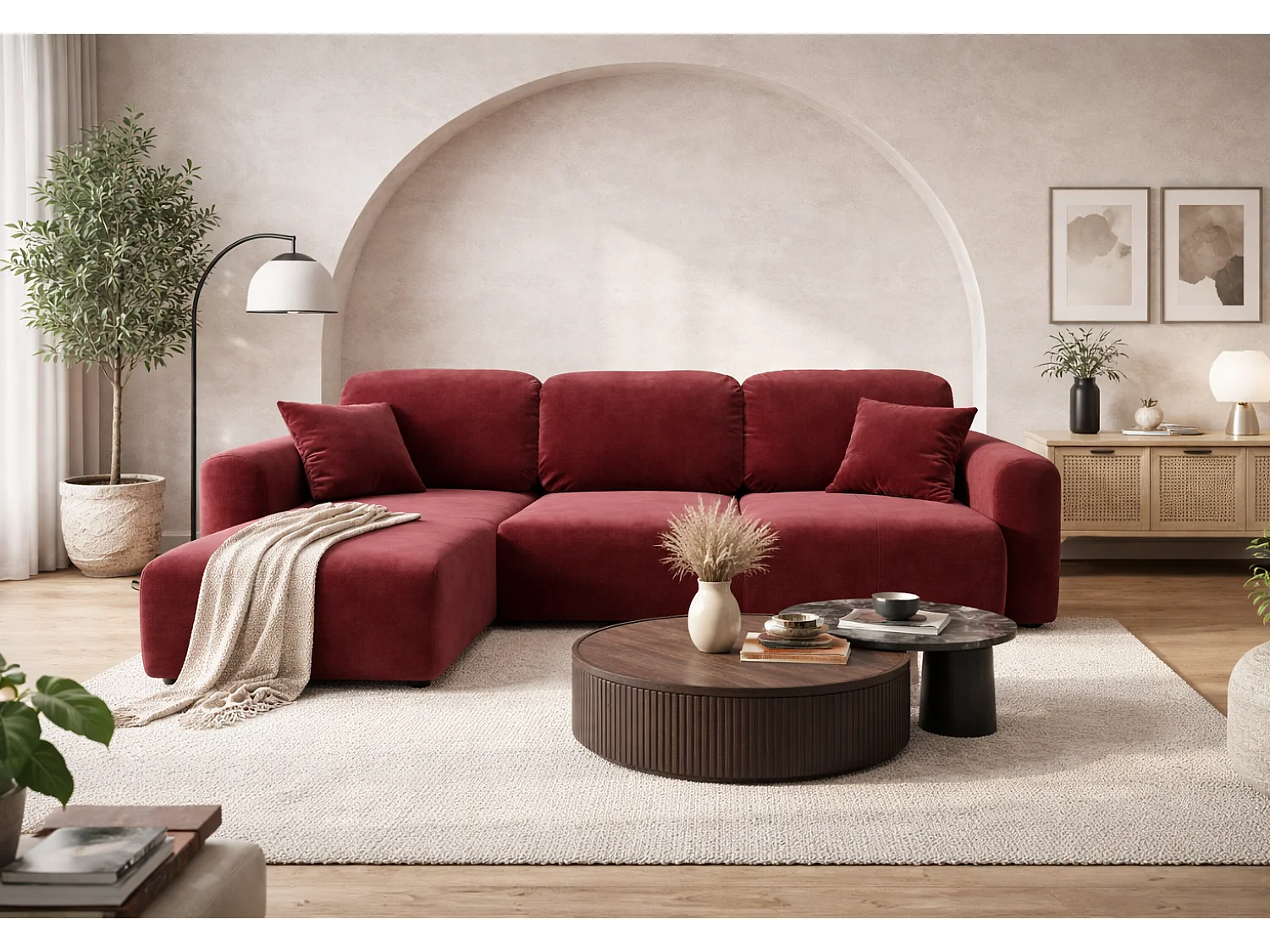 Canapé d’angle convertible élégant, version gauche, BINGO L, 245 × 148 × 87 cm, en tissu Kronos 2 bordeaux